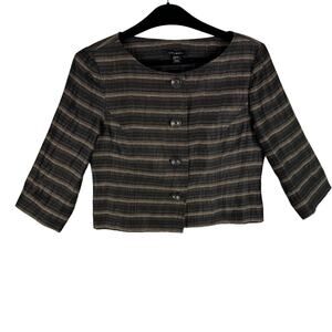 Louben Vintage Brown Striped 3/4 Sleeve Cropped Linen Blend‎ Button Up Blazer 4